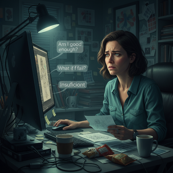 Uma mulher de 41 anos, designer, sentada em sua mesa de trabalho, olhando para a tela do computador com expressão de dúvida e ansiedade, enquanto elogios e projetos bem-sucedidos estão ao seu redor.