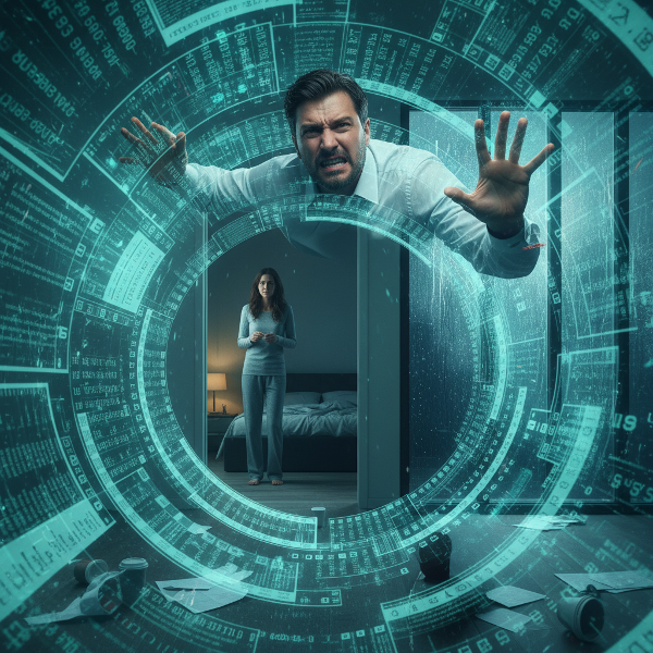 Um homem preso em um ciclo de planilhas brilhantes à noite, com ansiedade visível, enquanto tenta se libertar e sua esposa observa preocupada.