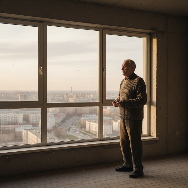 Um homem de meia-idade, Rafael, contemplativo em seu novo apartamento, simbolizando solidão e a busca por reconexão.