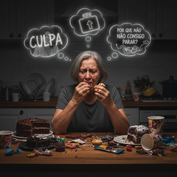 Uma mulher idosa sentada à mesa da cozinha, com doces e alimentos processados à sua frente, expressando tristeza e frustração, com pensamentos de culpa e reflexão sobre compulsão alimentar.