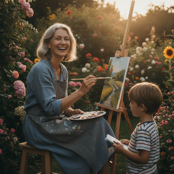 Mulher idosa feliz pintando no jardim com neto, simbolizando autoestima e redescoberta após os 50 anos.