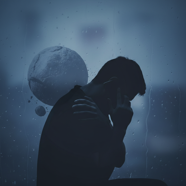 Homem com dor no ombro ao telefone, representando conflito emocional e familiar.