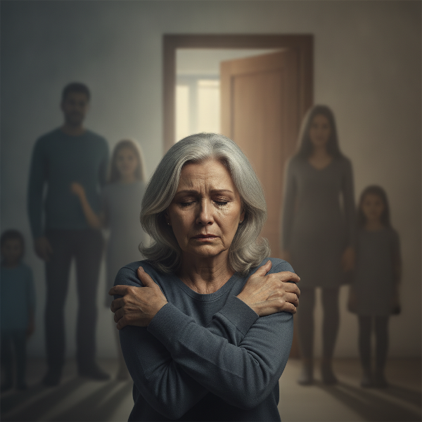 Ilustração de uma mulher madura sentada sozinha, com expressão triste, enquanto ao fundo há silhuetas difusas de uma família distante e uma luz fraca, simbolizando solidão e conflitos internos.