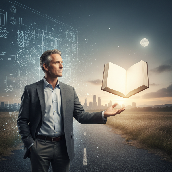 Um homem de meia-idade em uma encruzilhada simbólica, com um plano de fundo de projetos de engenharia desvanecendo e um livro em branco iluminado à sua frente, representando a busca por um novo propósito.