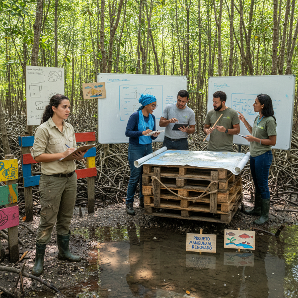 Imagem que retrata a solidão e a pressão da liderança em um projeto ambiental, contrastando com a energia colaborativa de uma equipe mais jovem.