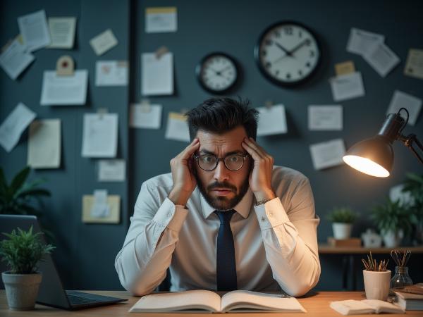 Um gerente sobrecarregado em seu ambiente de trabalho, simbolizando estresse e irritabilidade acumulados.