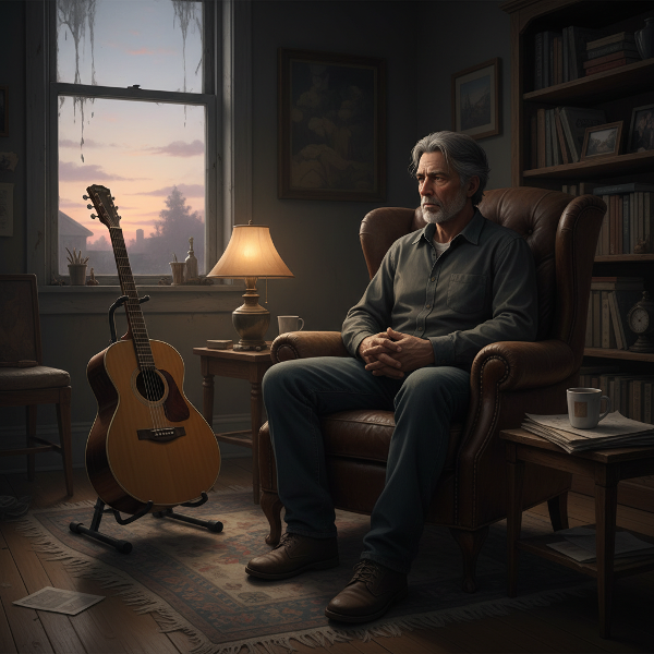 Um pai esgotado, de meia-idade, olha para um violão esquecido em um quarto escuro, enquanto a luz do amanhecer entra suavemente pela janela.