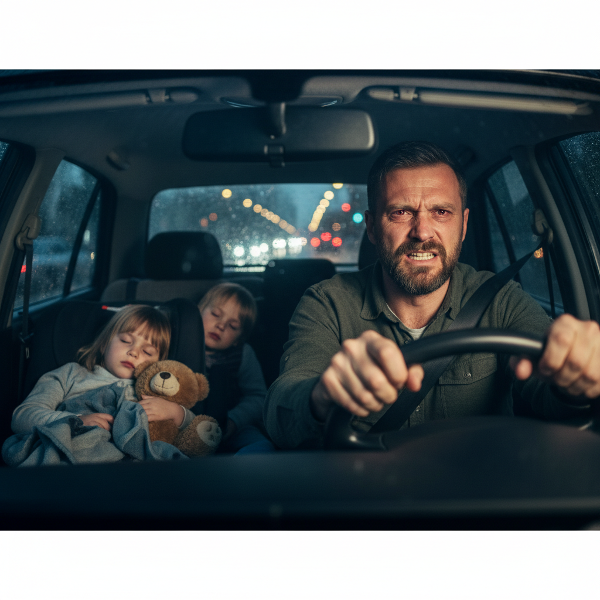 Um pai cansado dirige à noite com duas crianças dormindo no banco de trás, seu rosto mostra estresse e exaustão, luzes da cidade desfocadas através do para-brisa chuvoso.