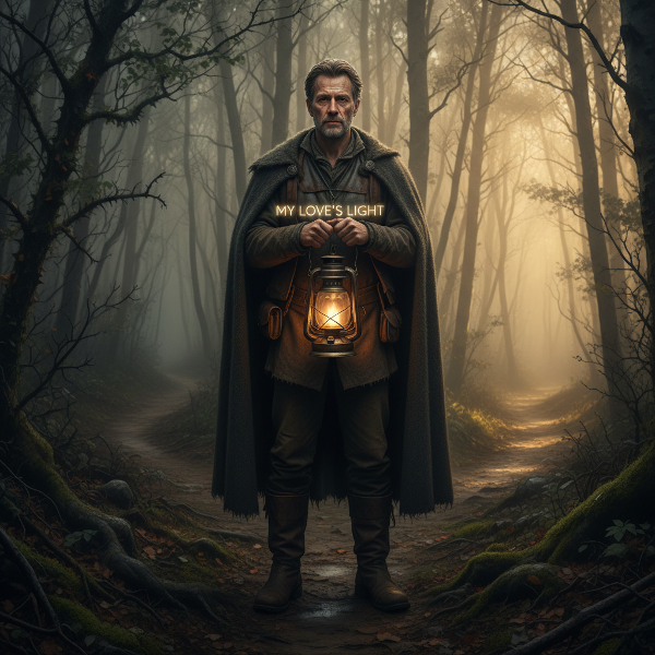 Um homem cansado, segurando uma lanterna, em uma encruzilhada simbólica em uma floresta nebulosa, representando a difícil escolha entre cuidar de si e do relacionamento.
