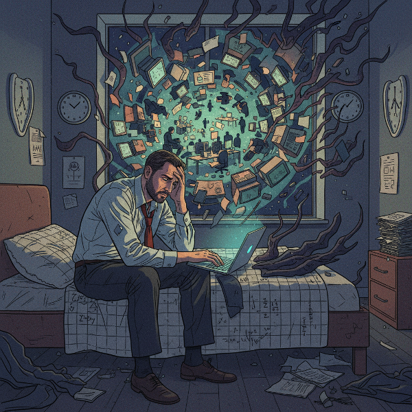 Um homem de 31 anos, exausto, em seu quarto à noite, enquanto cenas de estresse do trabalho e ansiedade se fundem em um sonho lúcido e vívido ao seu redor.