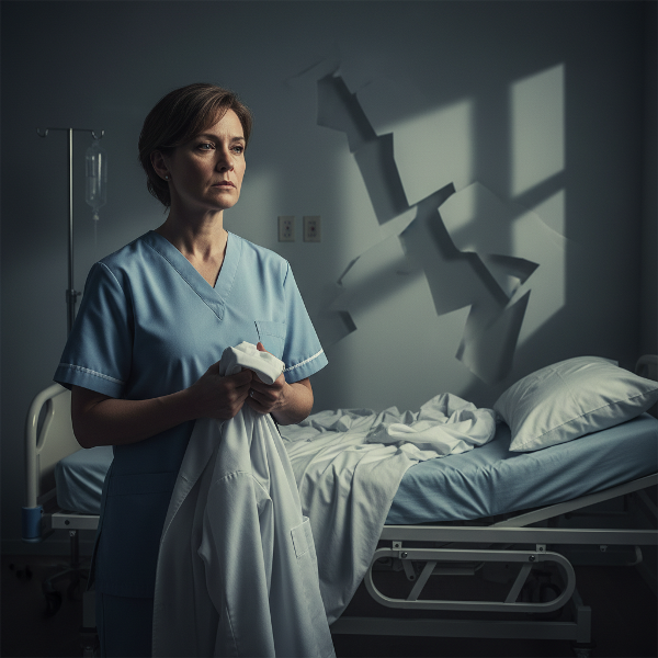 Uma enfermeira reflete sobre o esgotamento que transborda do trabalho para sua vida íntima, com o corpo e a mente em conflito visível.