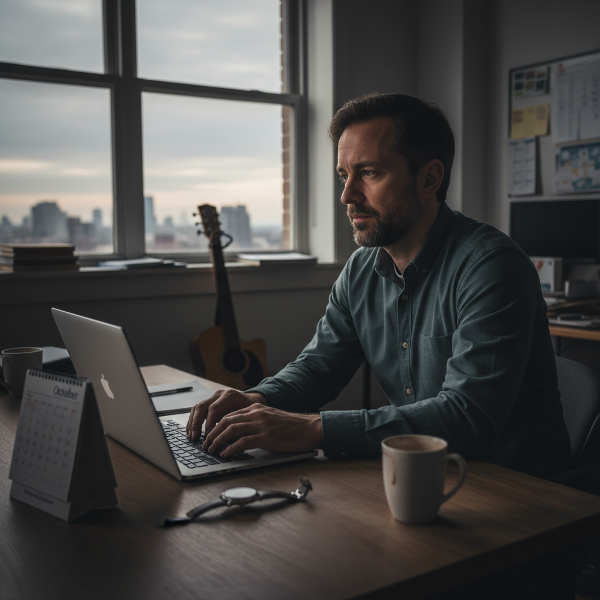 Um gerente de projetos exausto em seu escritório, cercado por símbolos de pressão laboral e um hobby negligenciado, ilustrando esgotamento e perda de equilíbrio.