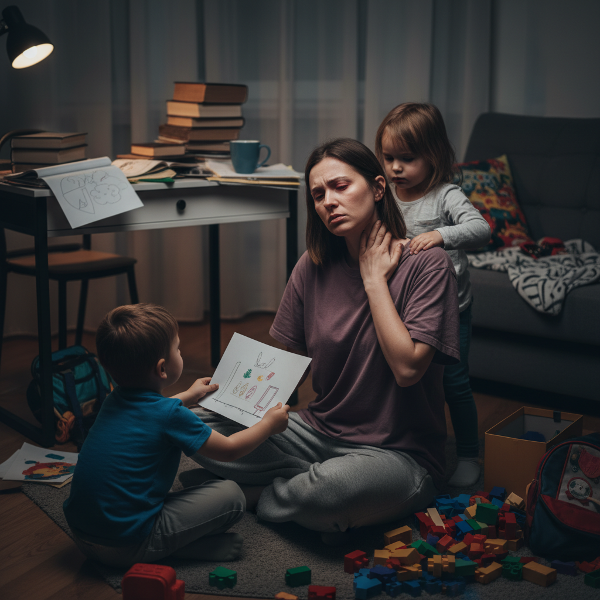 Imagem de uma mulher professora em casa, com expressão de cansaço e tensão nos ombros, interagindo com seus filhos em um momento de estresse.