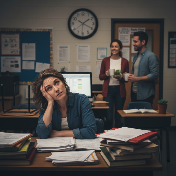 Uma professora esgotada em sala de aula, cercada por pilhas de papel, olhando para o relógio com expressão de cansaço, enquanto colegas aparecem ao fundo de forma solidária.