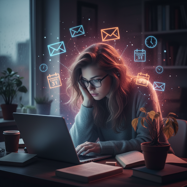 Uma jovem exausta trabalhando remotamente à noite, sobrecarregada por prazos e comunicações digitais, simbolizando esgotamento.