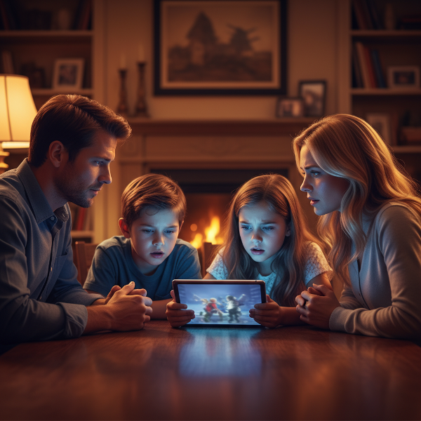 Uma família em diálogo sobre o uso de tecnologia, com pais conversando e crianças interagindo com um tablet, refletindo preocupação e busca por equilíbrio.