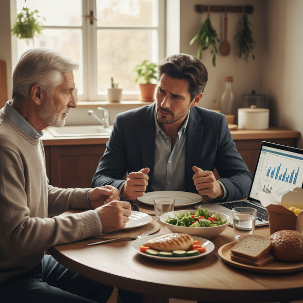 Um pai idoso conversa com seu filho adulto em uma cozinha aconchegante, com comida saudável na mesa, representando ansiedade profissional e rigidez alimentar.