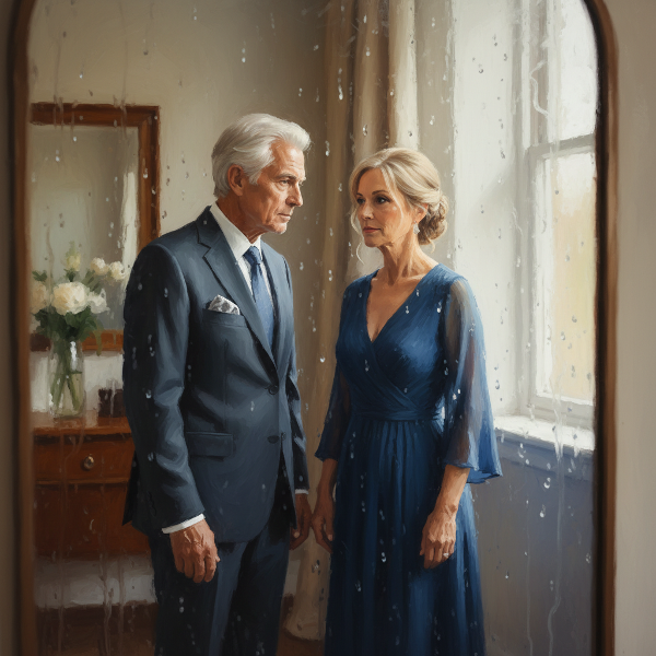 Um homem mais velho reflete sobre sua identidade e relação com a filha, enquanto seu reflexo e o dela aparecem desfocados em um espelho, simbolizando a sensação de invisibilidade e a dinâmica complexa entre eles.