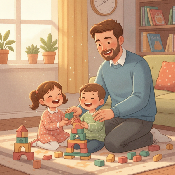 Pai e filhos de 4 e 6 anos brincam com blocos de montar em uma sala aconchegante, sem telas à vista, transmitindo harmonia e presença.