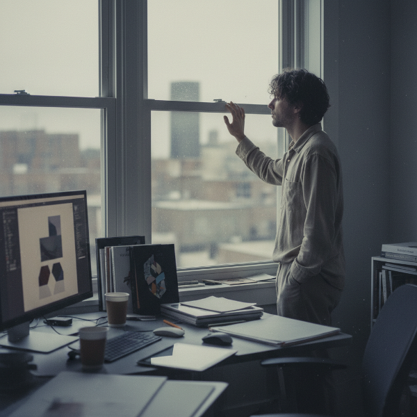 Um homem em seu espaço de trabalho, rodeado por telas e projetos, mas com um olhar vazio e desconectado para o mundo exterior, transmitindo a sensação de viver no piloto automático.