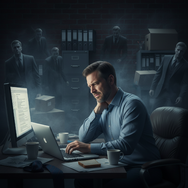 Um homem freelancer sente dor no pescoço ao ler e-mails de feedback negativo, enquanto sombras de um erro passado no trabalho pairam ao seu redor.