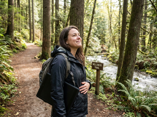 Uma mulher jovem, visivelmente aliviada, caminha por um parque tranquilo, com elementos visuais que conectam o estresse do trabalho ao bem-estar proporcionado pela natureza.