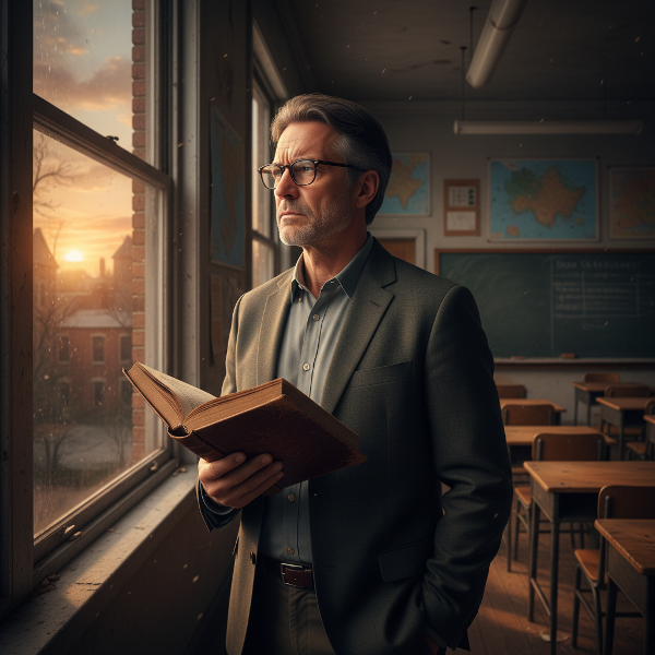Um professor reflete sozinho em uma sala de aula silenciosa, capturando o momento de questionamento existencial.