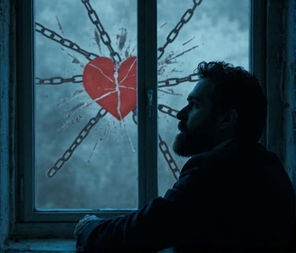 Um homem em perfil, pensativo, diante de uma janela, com um coração simbólico partido e correntes se quebrando, representando trauma e reconstrução da confiança.