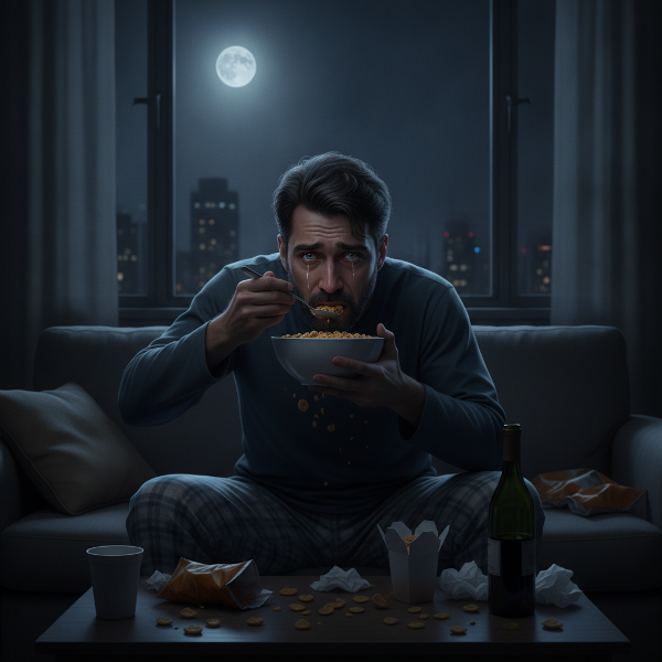 Homem de 34 anos sentado sozinho no sofá de um apartamento escuro, comendo pizza diante da TV ligada, expressão ansiosa, cidade grande ao fundo pela janela.