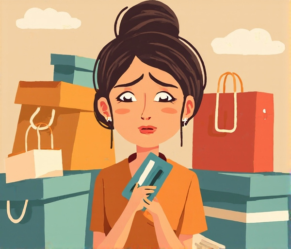 Mulher de 22 anos em seu quarto, rodeada por caixas de papelão e sacolas de compras, olhando para um cartão de crédito com expressão de culpa e ansiedade, enquanto pensa em emoções e finanças.
