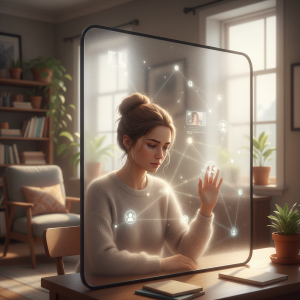 Uma mulher em seu home office observa conexões sociais difusas do lado de fora de uma barreira transparente, simbolizando solidão e desejo de vínculo.