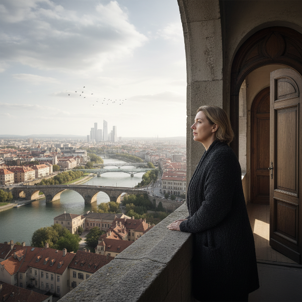 Uma mulher em uma nova cidade, com uma expressão pensativa, cercada por elementos visuais que sugerem a possibilidade de conexão e abertura.
