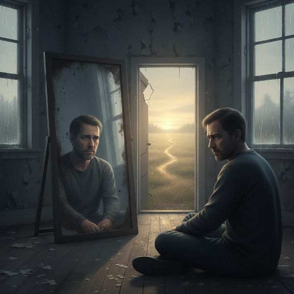 Um homem reflete sobre sua insegurança, com uma sombra de dúvida, enquanto um caminho de luz e conexão surge ao fundo, simbolizando esperança.