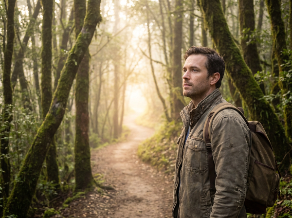 Um homem em uma jornada por uma floresta simbólica, representando autodescoberta e superação, com uma luz no fim do caminho.