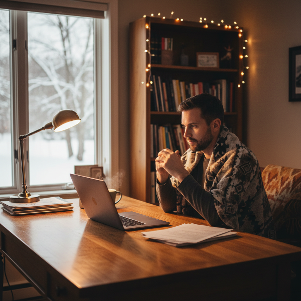 Um homem em seu escritório em casa, refletindo enquanto olha para o laptop, com luz aconchegante e uma janela mostrando o inverno lá fora.