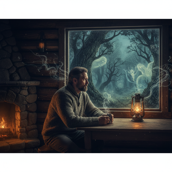 Um homem de 45 anos em uma cabana na floresta à noite, com árvores e vento criando padrões de luz e sombra que parecem falar, enquanto uma presença silenciosa observa de fora.