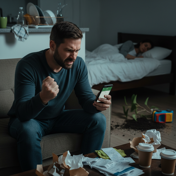 Um homem de 37 anos, visivelmente estressado, em um ambiente doméstico. Ele segura a cabeça, cercado por símbolos sutis de irritação (um prato fora do lugar, uma TV ligada). Ao fundo, uma silhueta feminina e símbolos médicos suaves aludem ao tratamento de FIV. A atmosfera transmite tensão contida e esgotamento emocional.