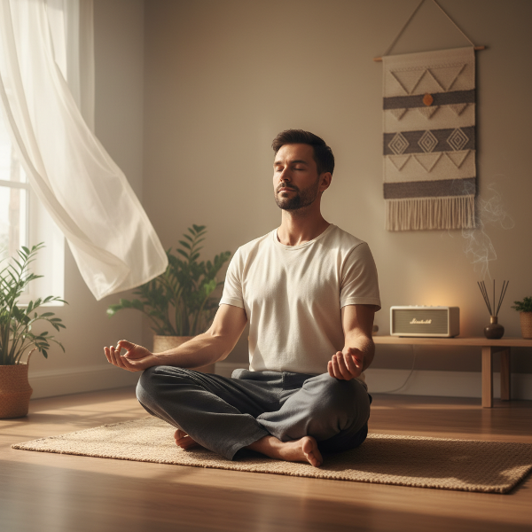 Um homem praticando ioga e respiração profunda em um ambiente tranquilo, com música suave ao fundo, para controlar a ansiedade.