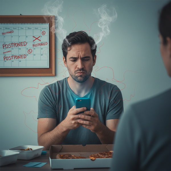 Um homem de 38 anos, com expressão preocupada, olha para o celular enquanto uma agenda mostra datas adiadas, simbolizando a procrastinação de conversas difíceis e o cansaço emocional no relacionamento.