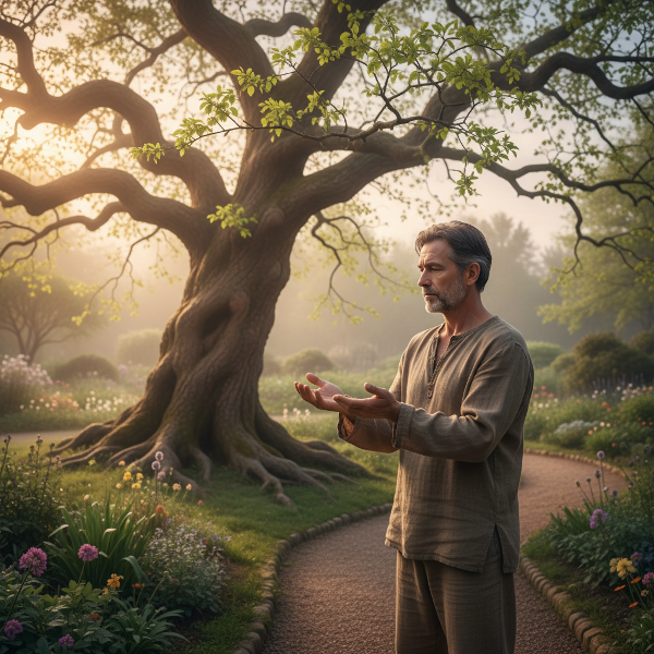 Um homem reflete sobre sua identidade em um jardim simbólico, representando transição e crescimento pessoal.