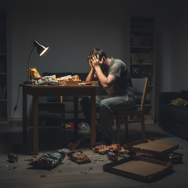 Um homem em casa, após ser demitido, comendo compulsivamente para aliviar a ansiedade, cercado por embalagens de comida vazias.