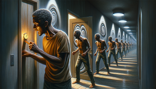 Um homem preso em um ciclo de verificar uma porta trancada, com sombras de ansiedade infantil ao fundo, simbolizando a luta contra rituais compulsivos.