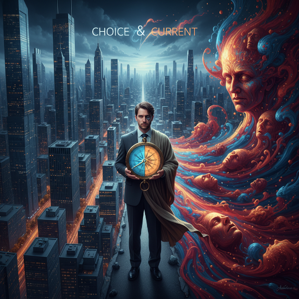 Um homem equilibra-se entre prédios geométricos e um rio emocional, segurando uma bússola que aponta para caminhos opostos.