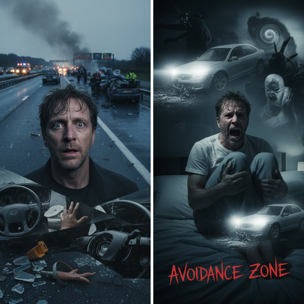 Um homem testemunhando um acidente de carro grave em uma estrada, com flashbacks vívidos e pesadelos, sentindo-se ansioso e evitando o local.
