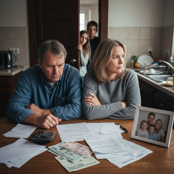 Um casal em tensão à mesa da cozinha, com documentos financeiros e uma foto de família entre eles, enquanto os filhos observam preocupados à distância.