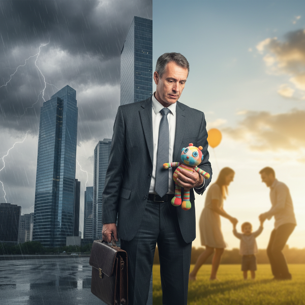 Um homem de meia-idade em traje profissional, parado numa encruzilhada simbólica entre a pressão do trabalho corporativo e o calor desfocado do lar familiar, segurando os símbolos de ambos os mundos.