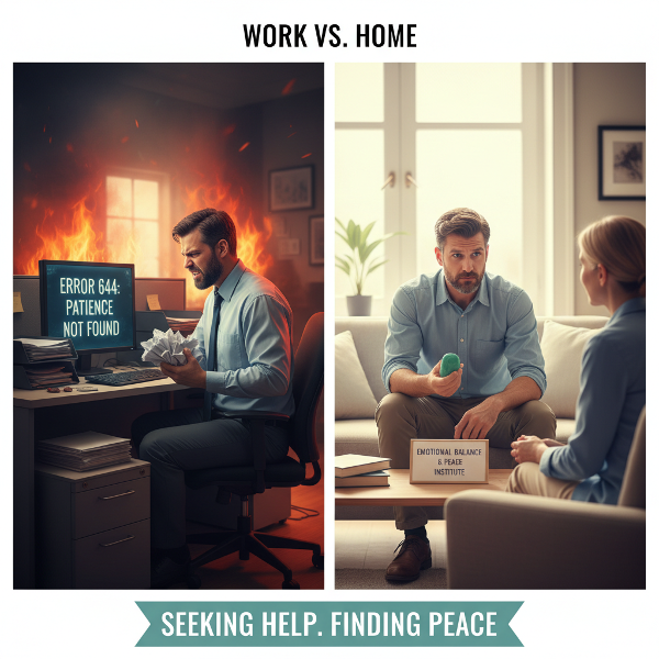 Um homem de meia-idade em um ambiente que mistura escritório e casa, com expressão de frustração, segurando a cabeça enquanto tenta respirar fundo para se acalmar.