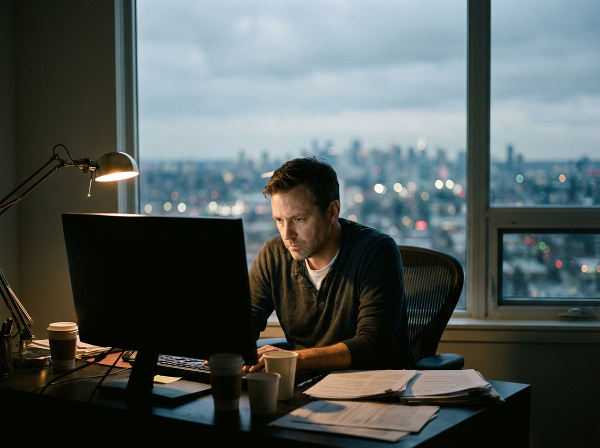 Um homem de meia-idade, sozinho em seu escritório em casa, olha para a tela escura do computador em um apartamento silencioso, refletindo solidão e desejo por conexão.