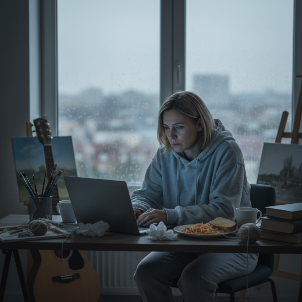 Uma mulher de meia-idade em home office, com expressão de exaustão e apatia, cercada por objetos que simbolizam rotina, ansiedade e perda de interesse.