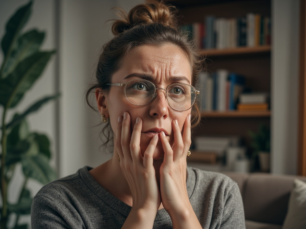 Uma mulher de meia-idade em casa, visivelmente sobrecarregada e irritada, com elementos gráficos representando a raiva e o estresse interno.